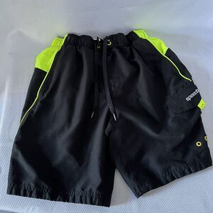 Speedo Swim Trunks Mens Small Black Green Board Shorts Pockets Mesh Briefs
